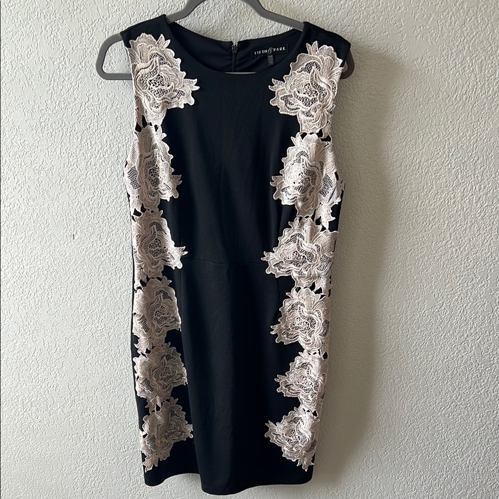 Black Sheath Dress with Cream Lace Appliqué - Eliza J
